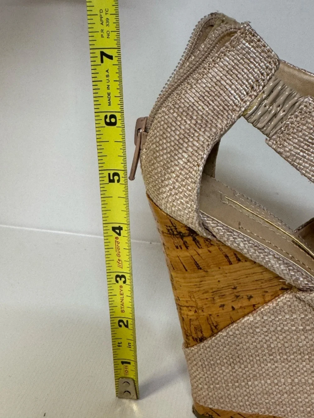 BCBGeneration Gold Linen Raffia Cork Wedge Sandals Size 6B